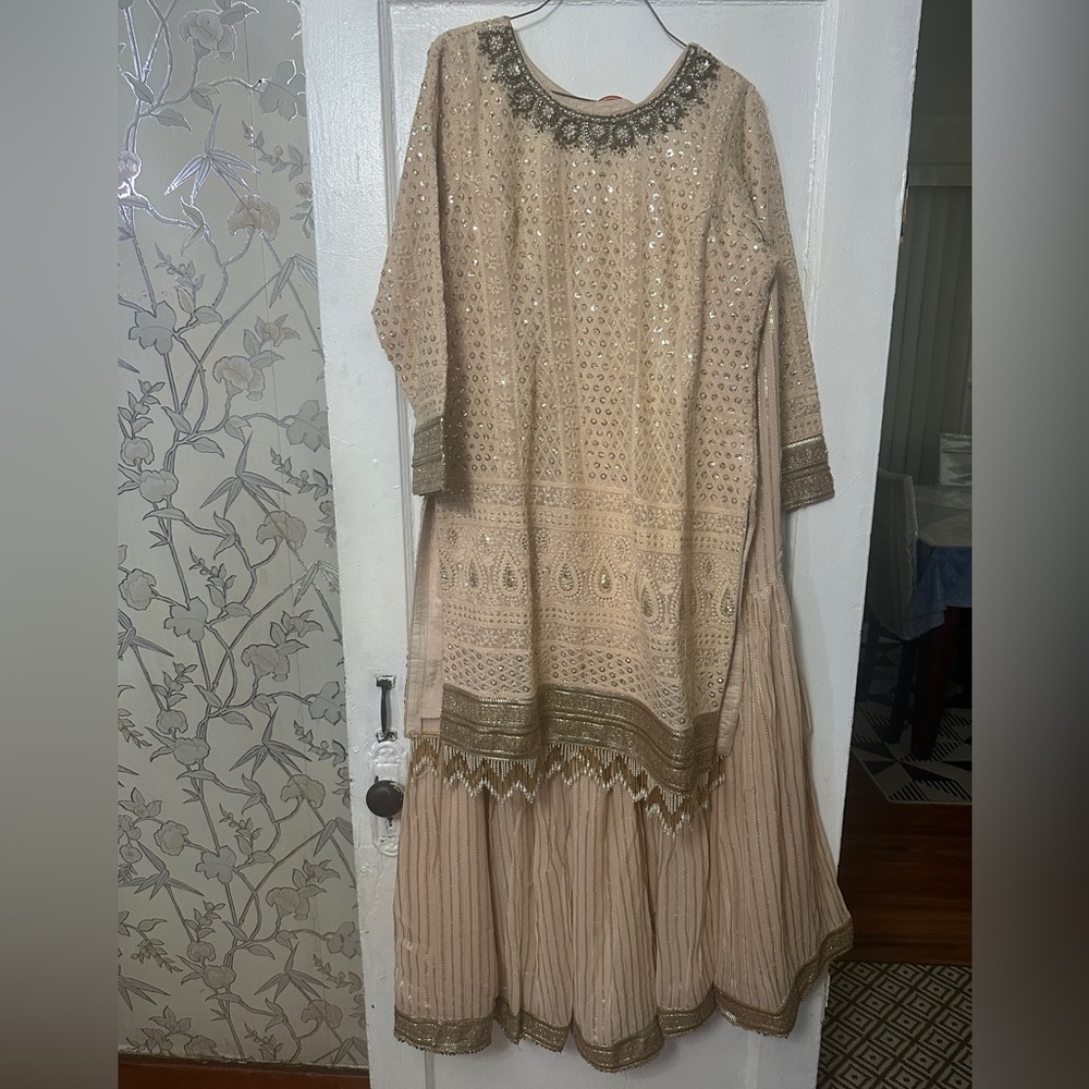 Elegant Beige and Gold Embellished Indian Dress Gharara